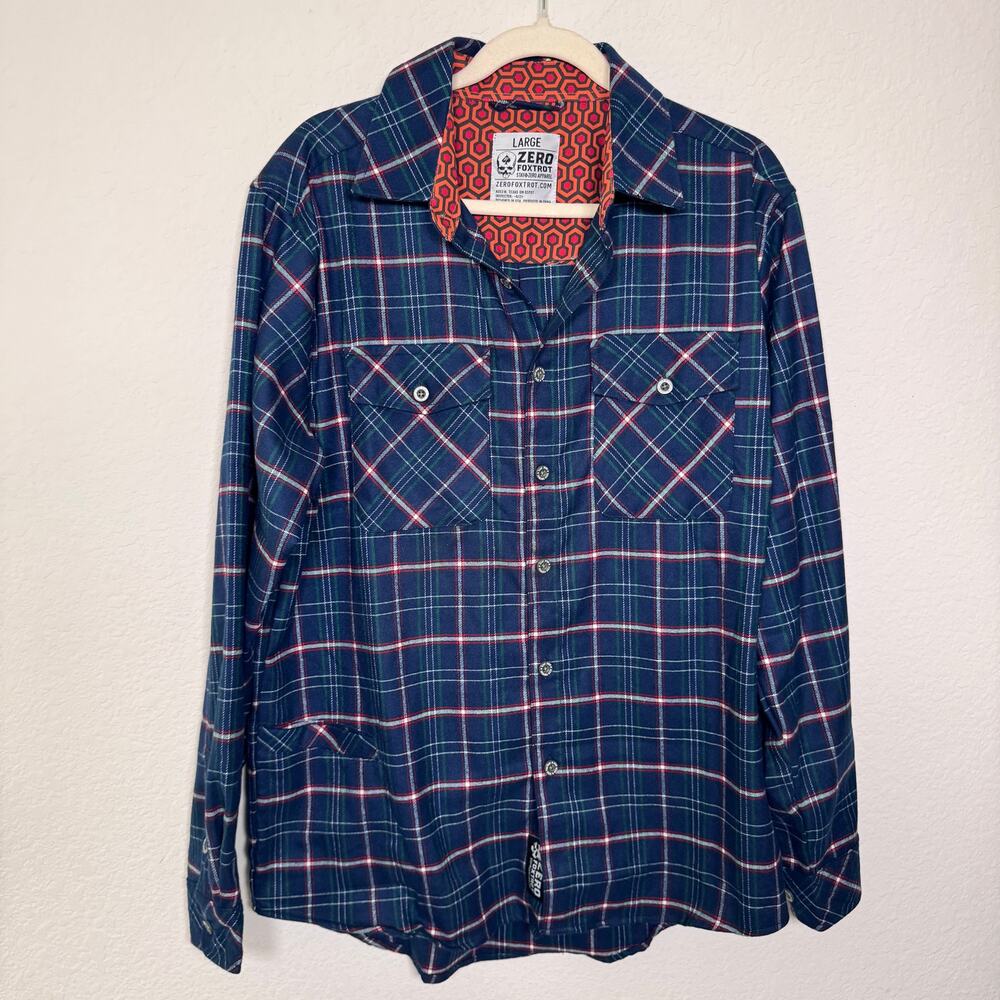 Zero Foxtrot Mens Long Sleeve Button Shirt Size L Flannel Plaid Rugged Fall Blue